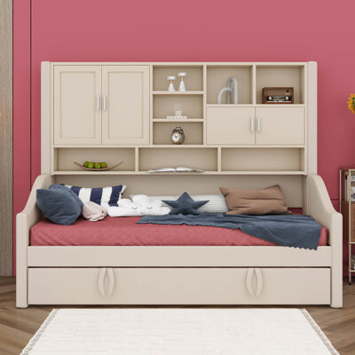 Twin Size Velvet Upholstered Daybed With Pull-Out Lift-Up Twin Trundle, Wall Storage Shelves & Cabinets, Wood Bed Frame With Armrest Lights