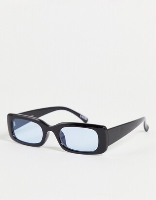 ASOS DESIGN fine frame mid square sunglasses in black with blue lens -  ShopStyle