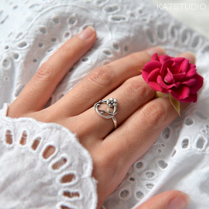 sterling Silver Flower Vine Ring Botanical Nature Jewelry