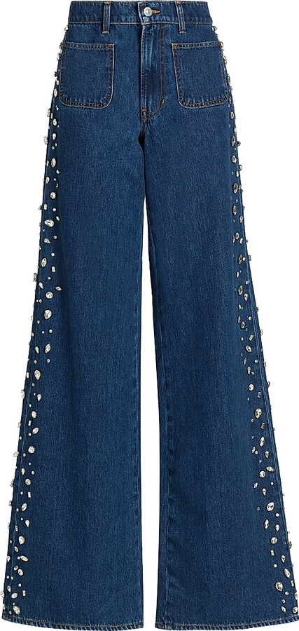 Veronica Beard Women's Kasey Embellished Denim Mid-Rise Wide-Leg Jeans - Stoned Bright Blue - Size 23