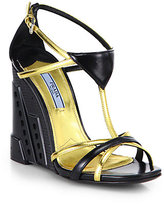 Thumbnail for your product : Prada Metallic Leather Perforated Wedge Sandals