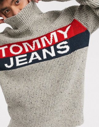 Tommy Jeans logo panel roll neck knit jumper in cream