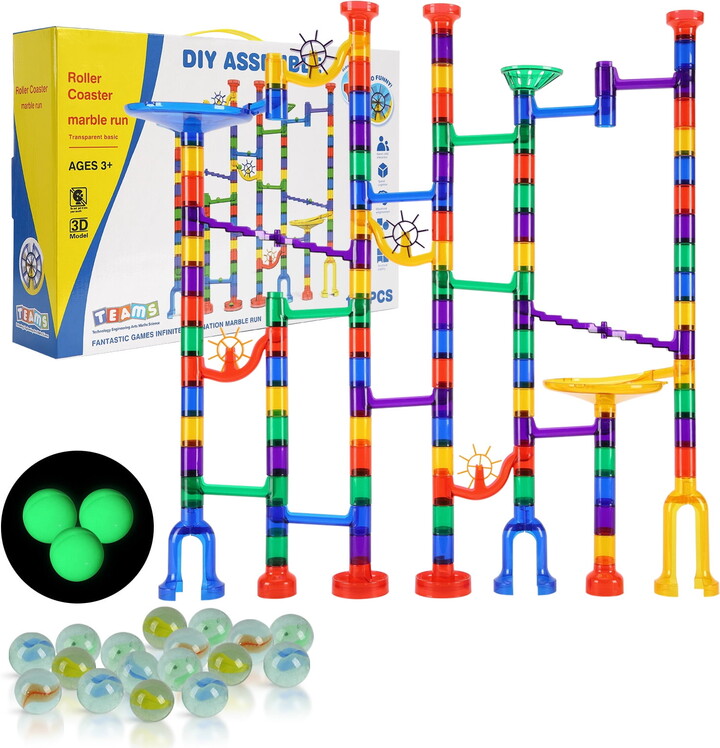 KFFKFF Marble Run Set, 150 Unit Marble Puzzle Construction Game, Including 10 Luminescent Marbles + 40 Glass Marbles, Instructional Racing Pathway STEM Plaything, Suitable for Children, Boys