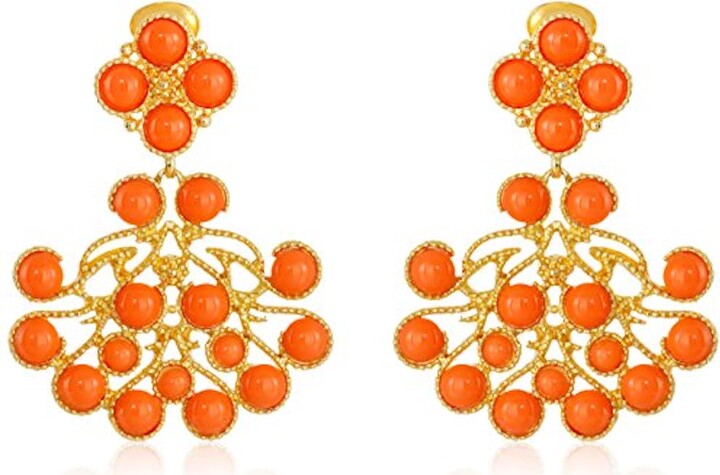 Kenneth Jay Lane Gold and Coral Cabochon Clip-On Earrings