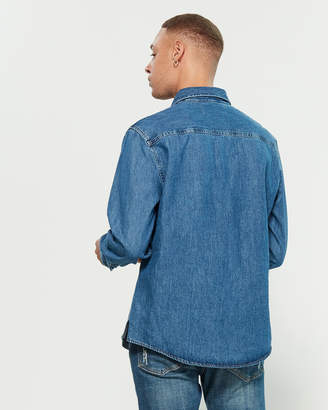 Calvin Klein Jeans Stonewash Long Sleeve Logo Denim Sport Shirt
