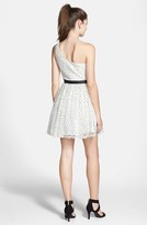 Thumbnail for your product : Hailey Logan Polka Dot Print Lace One-Shoulder Fit & Flare Dress (Juniors)