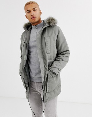 ASOS DESIGN parka jacket in grey with faux fur lining