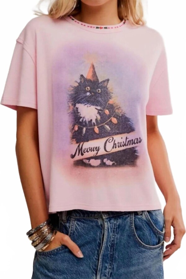 Free People Merry Meowy Short Sleeve Tee In Pink Combo