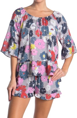 Kensie Floral 3/4 Sleeve Ruffled Pajama Top