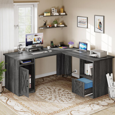 Gracie Oaks 60 Inch Computer Desk Corner Desk with File Drawer