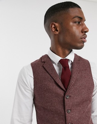 ASOS DESIGN slim suit waistcoat in burgundy and grey 100% lambswool puppytooth