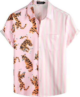 VATPAVE Mens Flamingo Hawaiian Floral Shirts Casual Short Sleeve Button  Down Summer Beach Shirts Small Pink Tiger Beach - ShopStyle