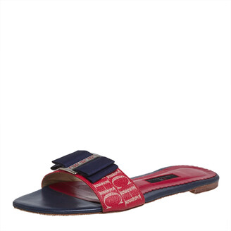 Carolina Herrera Blue/Red Leather Bow Flat Slides Size 39 - ShopStyle