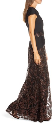 Tadashi Shoji Pintuck Wrapped Embroidered Lace Gown