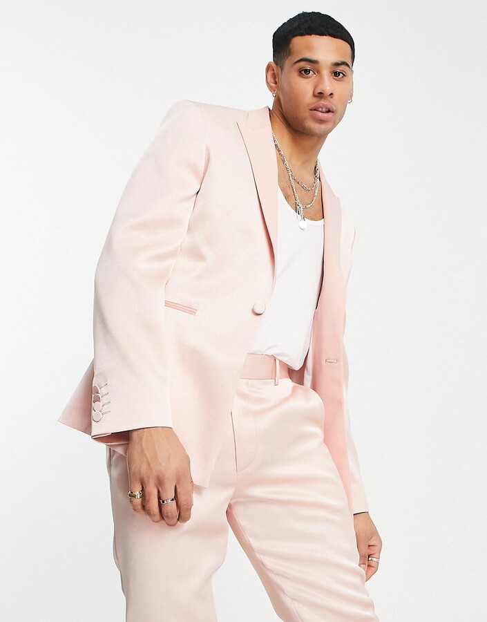 ASOS DESIGN skinny high shine suit jacket in light pink - ShopStyle