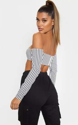 PrettyLittleThing White With Black Stripes Buckle Detail Bandeau Crop Top