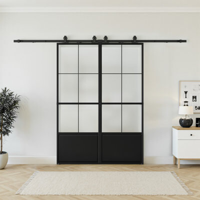 SMARTSTANDARD 3/4 Lite Metal And Glass Sliding Barn Door Double Barn Doors With Installation Hardware Kit And Soft-Close (Two Pieces of Doors)