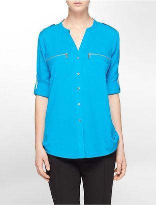 Calvin Klein Womens Mandarin Collar Exposed Zip Detail Roll-Up Sleeve Blouse Shi