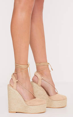PrettyLittleThing Aniesha Nude Faux Suede Tie Ankle Wedges