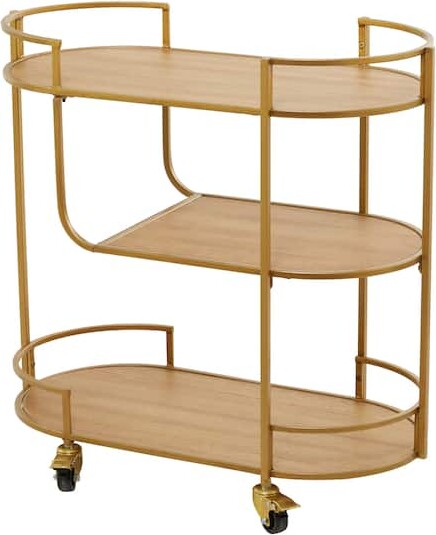 Gold Wood Rolling 3 Shelves Bar Cart with Handles 30" x 15" x 30" By Ivory And Iris