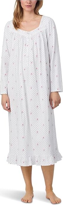 Eileen West Cotton Peached Jersey 48 Long Long Sleeve Nightgown Women's Clothing White Ground Ditsy Dot : XS