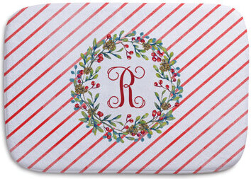 CPS Holiday Floral Wreath Red Script Initial Bath Mat