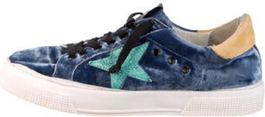 Golden Goose Velvet Low Top Sneakers Blue Printed Round-Toes with Glitter Accents Lace-Up Closure at Uppers Designer