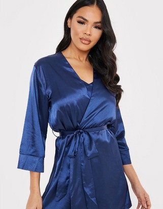 In The Style x Lorna Luxe satin contrast trim robe with belt in navy