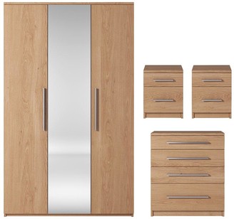 Home Essentials -Prague 4-Piece Package - 3 Door Mirrored Wardrobe, 4 Drawer Chest and 2 Bedside Cabinets