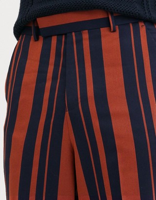 ASOS DESIGN high waisted wide leg smart trousers in navy and orange stripe