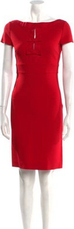 Valentino Wool Sheath Dress Red Bow Accents Short Sleeve with Bateau Neckline Concealed Zip Closure at Back Designer