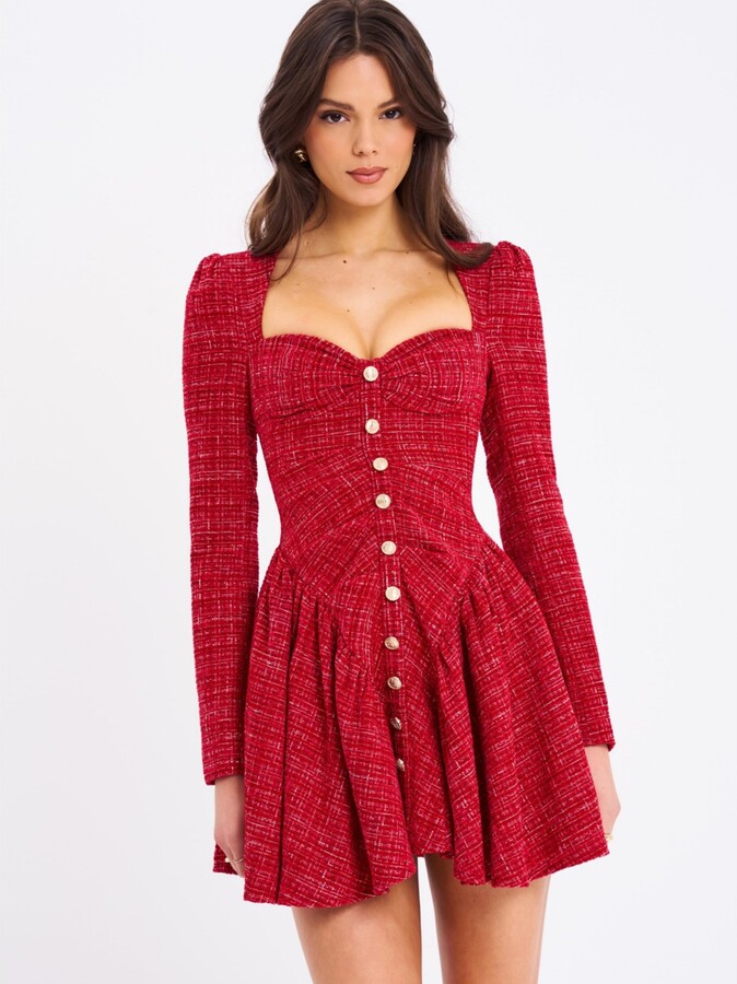 Miss Circle Women's Tae Red Tweed Long Sleeve Drop Waist Mini Dress