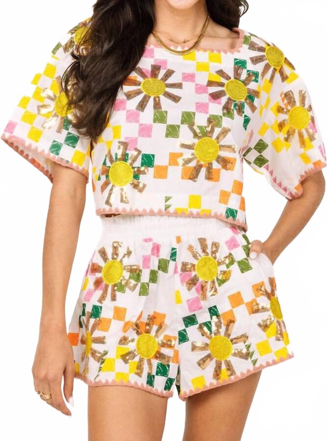 QUEEN OF SPARKLES Checkered Sun Top In White Multi