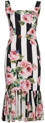 Dolce & Gabbana Rose and Stripe Print Silk Dress