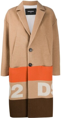 DSQUARED2 Striped-Logo Single Breasted Cocoon Coat