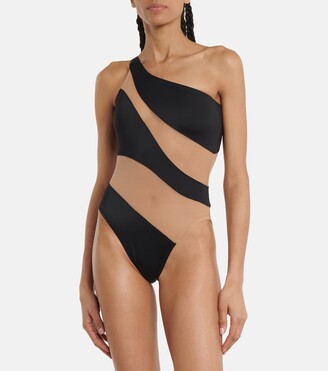 Norma Kamali Snake paneled mesh one-shoulder swimsuit