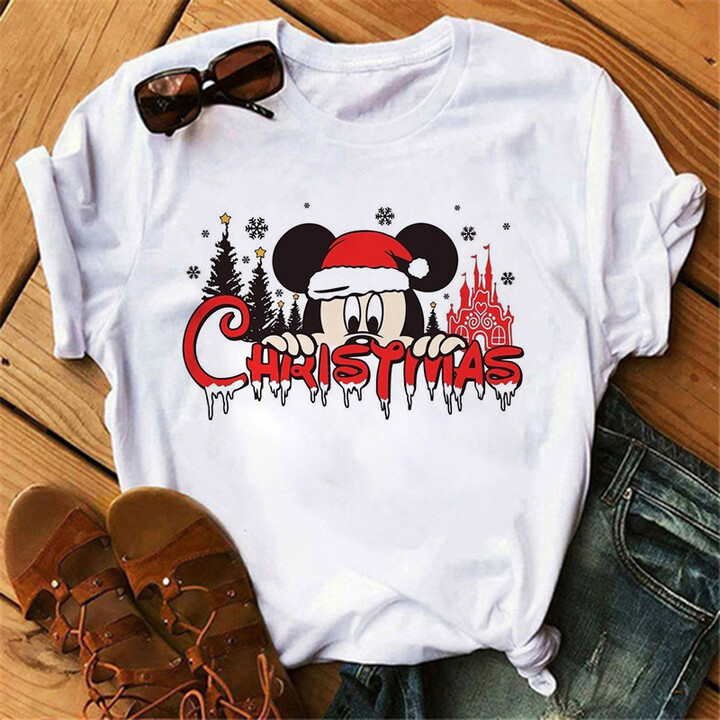 Miniso/Name Excellence Superior Products Christmas Mickey Print T-shirts for Women Fashion Minnie Mouse T Shirt Streetwear Female Clothes Kawaii Disney Tshirt