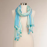 Thumbnail for your product : Cost Plus World Market White and Aqua Stripe Scarf with Tassels