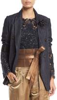 Thumbnail for your product : Brunello Cucinelli Double-Breasted Denim Jacket with Feathered Pin