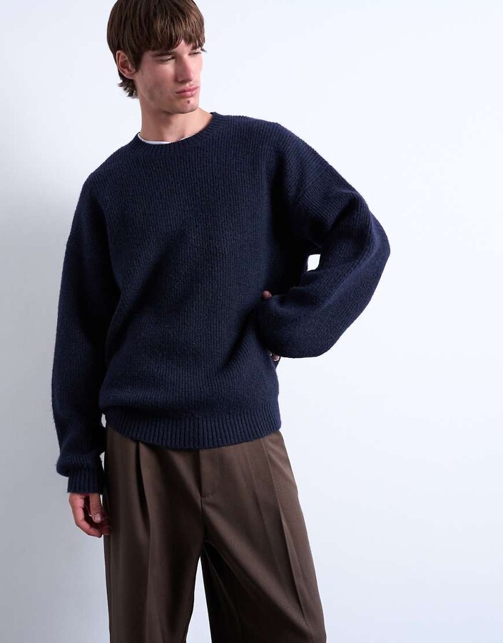 Topman oversized fit crew sweater in navy