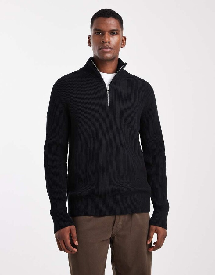 Jack and Jones knit quarter zip sweater in black