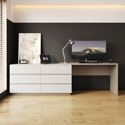 Latitude Run Extendable Vanity Dressing Table Adjustable L-Shaped Home Office Vanity Desk With 6 Drawers