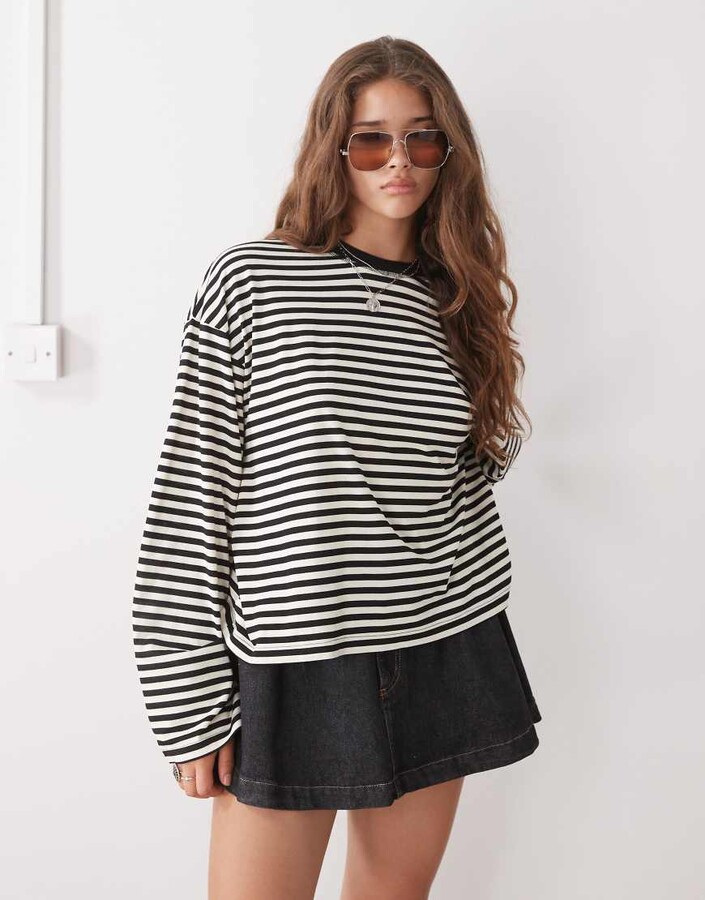 Lioness Bloom cotton blend long sleeve crew neck boxy t-shirt in black & white stripes