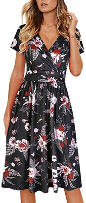 KUDICO Womens Summer Casual Daily Holiday Beach Sundress Ladies Slim High Waist Floral Printed Dress Knee-Length(Black M)
