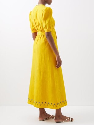 Saloni Jamie Floral-embroidered Crinkled-cotton Dress - Mid Yellow