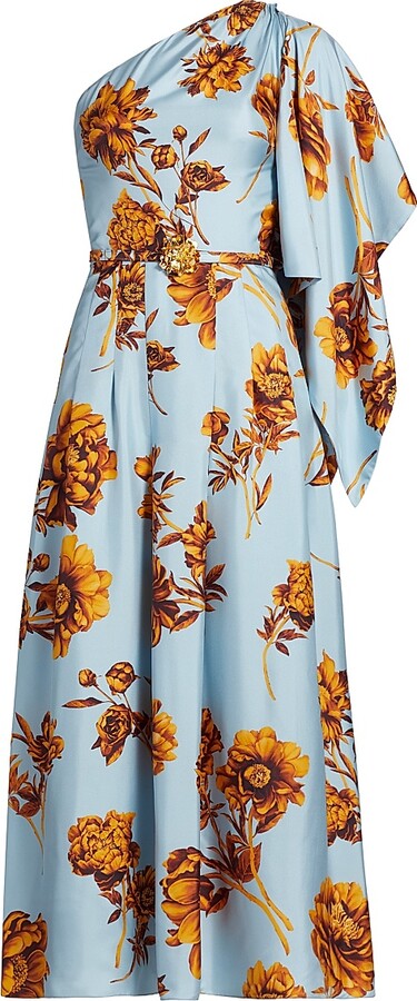 Women's Peony Print Draped One-Shoulder Gown - Brown Ice Blue - Size 0