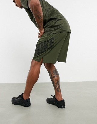 Nike Training flex shorts with camo logo in khaki