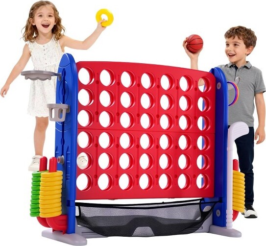 GustoWave 4-in-1GiantYardGame-Connect4BasketballHoop&RingToss|AdjustableHeightQuickReleaseforBackyardLawn&Parties，red