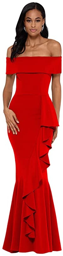 Betsy & Adam Long Over-the-Shoulder Cascade Ruffle Gown - ShopStyle Evening  Dresses