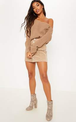 PrettyLittleThing Taupe Off The Shoulder Knitted Crop Jumper